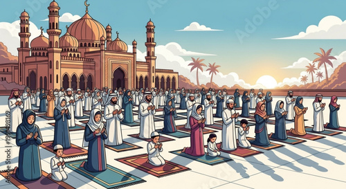 Large Muslim congregation praying in front of a grand mosque representing Islamic faith and community gathering suitable for religious and cultural t