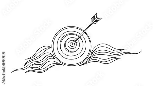 Line art illustration of a target with an arrow and stylized flames. Continuous line style. Hand drawn. Line art. Vector design. illustration