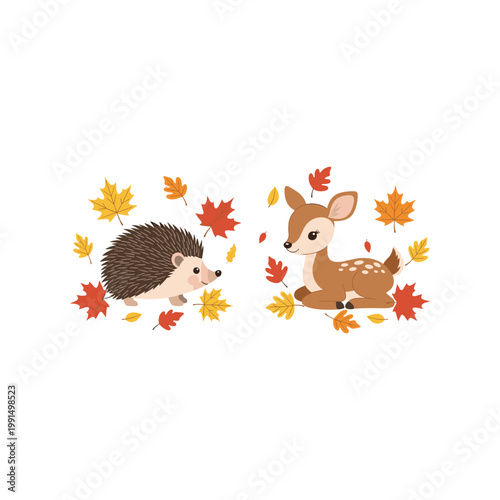Hedgehog and fawn friends in colorful autumn leaves playful cartoon style with warm vibrant colors on white background for fall season greeting cards