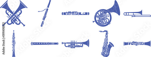 Various brass and woodwind musical instrument silhouettes in a purple pixelated style Vector, illustration