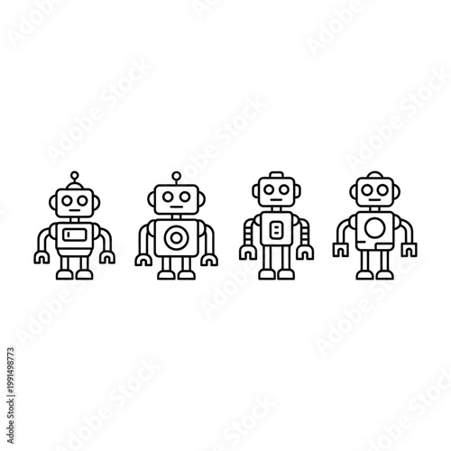 Collection of four simple black outline robot icons on transparent background vector graphic.