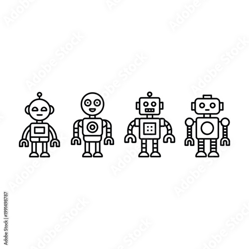 Collection of four simple black outline robot icons on transparent background vector graphic.