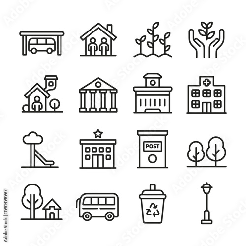 Community lifestyle icons set with public buildings landscape features transportation elements and residential housing structures.
