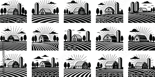 Professional Collection of Black and White Farm Landscapes Featuring Barns Silos and Sunburst Over Plowed FieldsProfessional Collection of Black and White Farm Landscapes Featuring Barns Silos and Sun