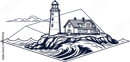 Illustration of a coastal lighthouse and house on a rocky cliffside with waves crashing below