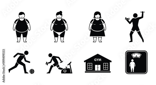 Weight loss journey depicted through diverse fitness and body image icons