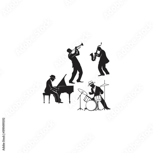 Jazz Band Silhouette Set - Professional Musicians Performance Vector.