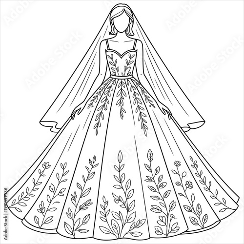 Line of a bride in a floral patterned wedding dress and veil