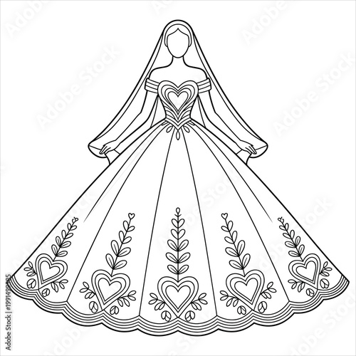 Line of a bride in a heart-patterned ball gown dress