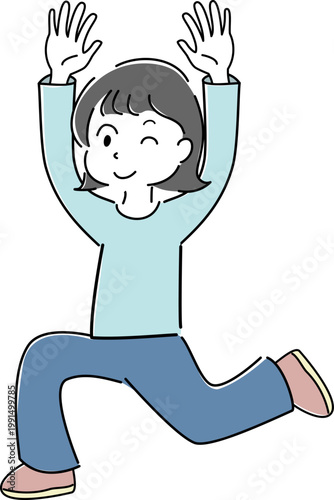 両手を上げてジャンプするウインクした女性の全身シンプルイラスト（喜び・達成・解放感・元気・人物素材） /
Full body woman jumping with both hands raised simple line illustration (joy, achievement, excitement, energy, blink, people)