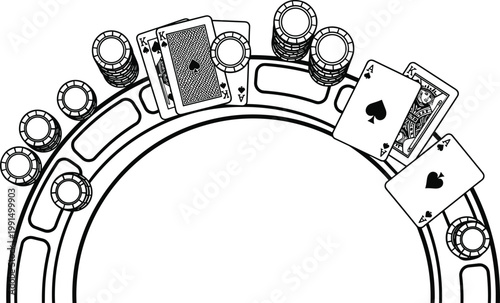 A black and white sketch depicting a circular arrangement of playing cards and casino chips symbolizing gambling and chance
