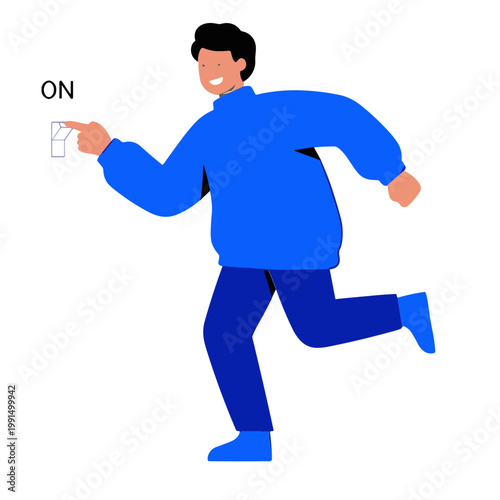 Man in blue clothes running and switching on light switch