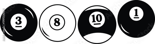 Four black and white bowling pins displaying numbers three eight ten and one in a row