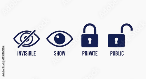 Minimalist privacy icon set, dark blue invisible and show eye symbols, private and public padlock vector icons for security interface design