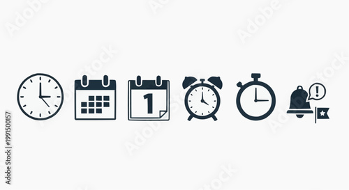Minimalist time management icon set, black flat vector clock and calendar symbols, productivity and scheduling elements for business apps
