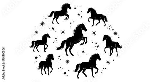 Horse silhouette parade with sparkles and starburst accents in vintage western style for posters and stickers