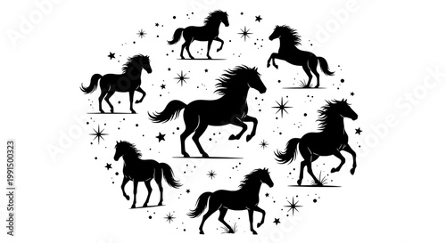 Horses retro magic circle with star sparkles, silhouette style, vector emblem for fantasy branding, tattoo, and posters