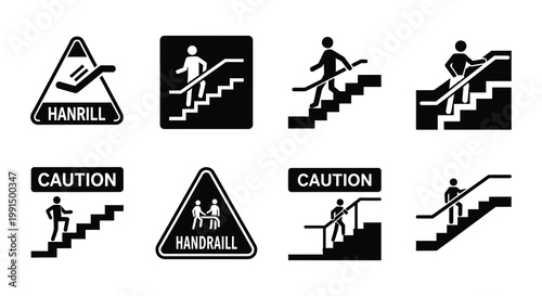 Black and white icons depicting various stair and escalator safety warnings