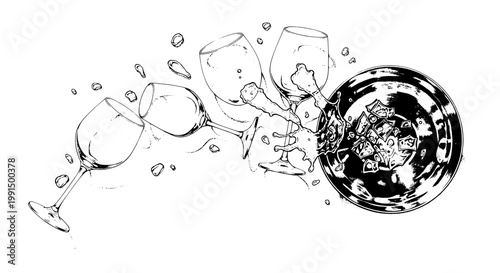 Wine glasses and plate shattered with splinters and fragments in a chaotic scene featuring broken, glass, illustration with sketch and black and