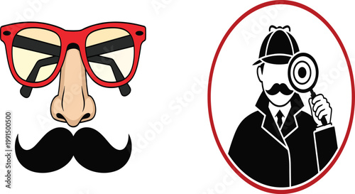 Detective and Disguise Vector Set Featuring Classic Groucho Glasses with Mustache and Sherlock Holmes Style Private Investigator Holding a Magnifying Glass Icon