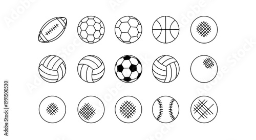 Ball sports icon set of soccer, football, volleyball and rugby balls in monochrome line art circles featuring game, match, athletics with competition