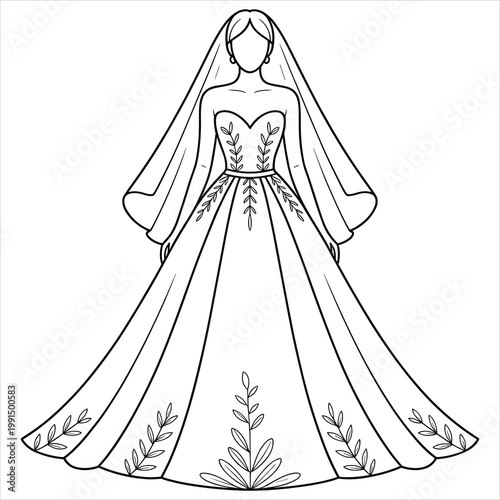 Line of a bride in a strapless gown with leaf embroidery