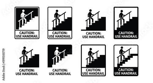 Black and white icons depicting various stair and escalator safety warnings