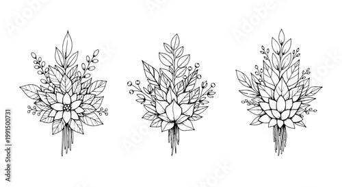 Flower bouquet hand drawn line art with ornamental leaves and petals, decorative tattoo style for greeting cards and invitations