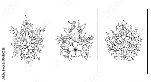 Flower botanical wreath line art with leafy branches, blossoms, and decorative vintage symmetry for greeting cards