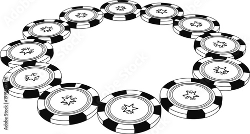 A circular arrangement of black and white casino chips creates a decorative border or frame suggesting gambling and games
