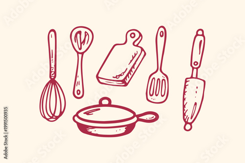 Hand-drawn illustration of kitchen utensils and cooking tools with cutting board kitchen accessory kitchen gadget utensil set food preparation food service utensil holder kitchen coun