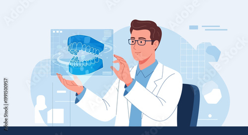 Dental Specialist Analyzing 3D Teeth Model Using Digital Interface