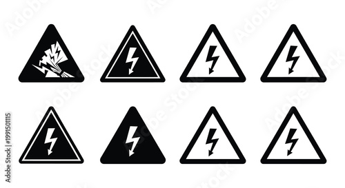 Collection of black and yellow warning signs depicting electrical and explosion hazards
