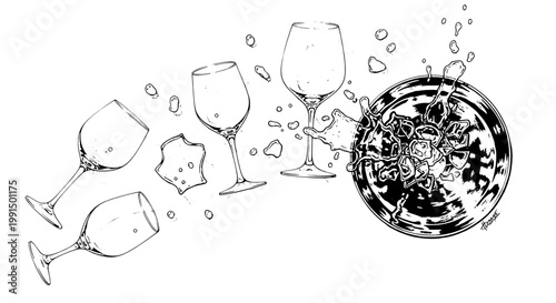 Wine glasses and shattering plate illustration with broken pieces and splashes featuring glassware, fine dining, elegant with shattered and fragments