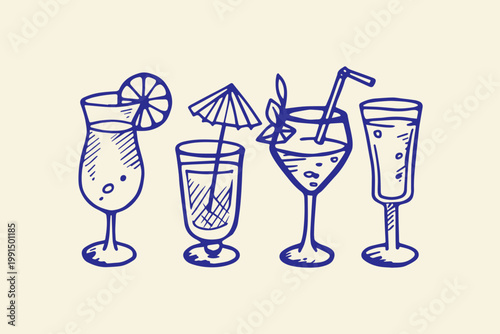 Hand-drawn doodle of various cocktails with garnishes and straws line art food and drink non alcoholic party drink cocktail glass cocktail beverage umbrella illustration refreshing
