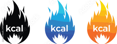 Kilocalorie Burning Fire Flame Icon Set Featuring Kcal Text in Black Blue and Orange Colors for Fitness Nutrition Weight Loss and Metabolic Health ConceptsPrint