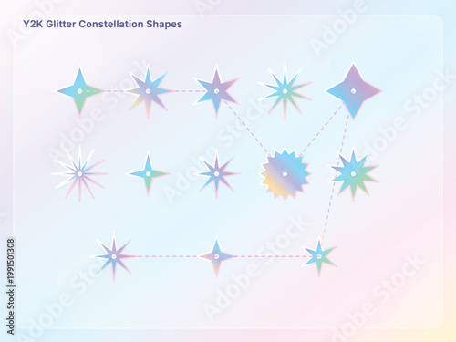 Y2K Aesthetic Holographic Glitter Constellation Shapes, Iridescent Starburst and Sparkle Vector Elements Set on Pastel Gradient Background