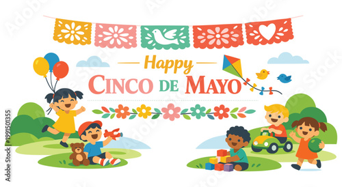 Children enjoying cinco de mayo outdoors with toys, balloons, and a kite. Festive Mexican holiday celebration, happy kids playing, vibrant park scene.