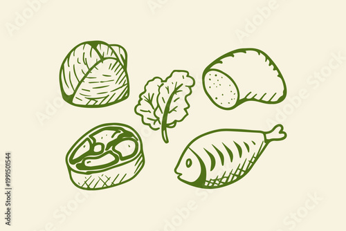 Hand-drawn selection of raw food items with food and drink plant based ingredients nutrition illustration isolated collection appetite supermarket shopping healthy eating