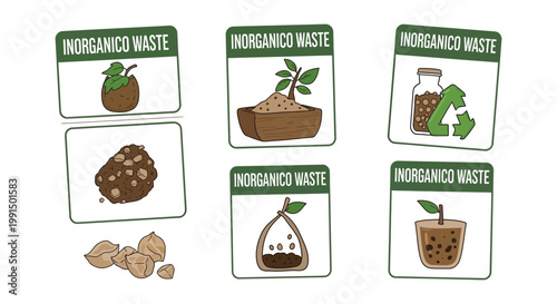 Illustrative depictions of organic waste and recyclable materials in containers