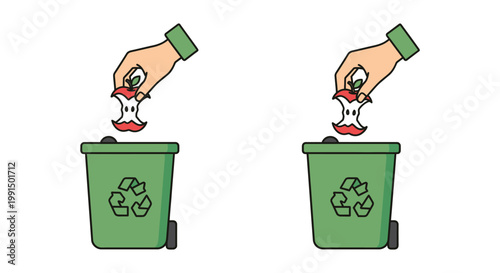 Hands discarding an apple core into a green recycling bin