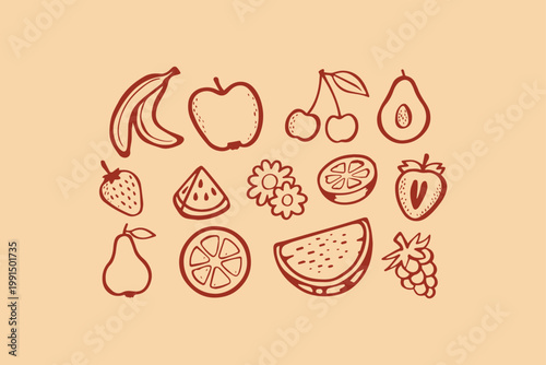 Collection of hand-drawn fruits and flowers with a peachy background bananas apples cherries avocados strawberries pears oranges watermelons grapes design element illustration strawberry