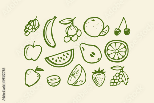Hand-drawn fruit illustrations with a light green background grapes banana oranges cherries apples pears berries flat design element illustration healthy eating strawberry