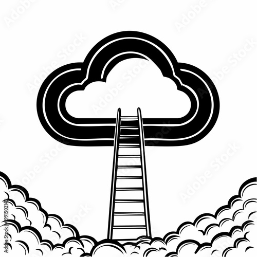 Black and white ladder going into clouds forming impossible loop, surreal success concept