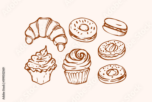 Collection of baked pastries including croissants cupcakes donuts with baked goods hand drawn pastries croissant cupcakes desserts breakfast delicious confectionery sweetness