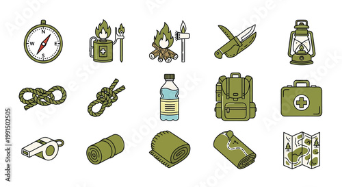 Camping, outdoor, adventure icons, 16 vector graphics, green color scheme, hiking, survival, travel, exploration