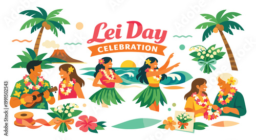 Aloha spirit and lei day festivities in hawaii. People dancing hula and wearing floral garlands on beach. Tropical island landscape with palm trees volcano ocean waves and colorful hibiscus flowers.