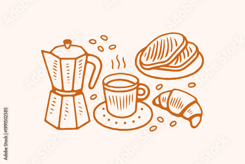 Hand-drawn italian coffee maker coffee cup croissant toast slices with coffee beans on a light background moka pot hot drink hot beverage food and drink breakfast food morning meal