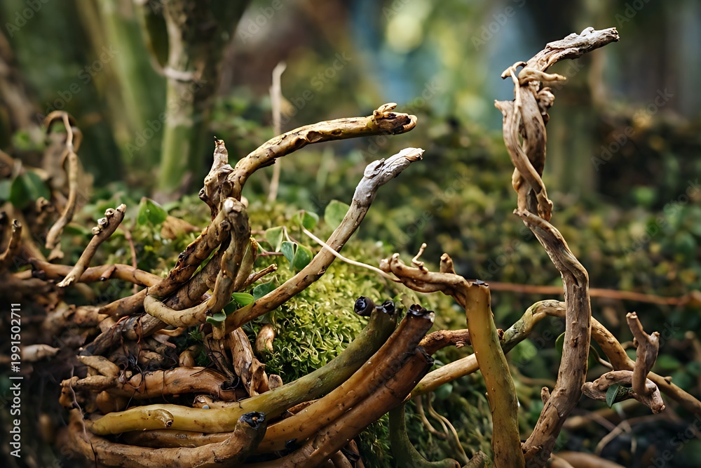 Fototapeta premium Abstract composition of twisted dry branches and roots forming an artistic natural structure. Rich textures and earthy tones create a visually striking organic pattern with shallow depth of field.