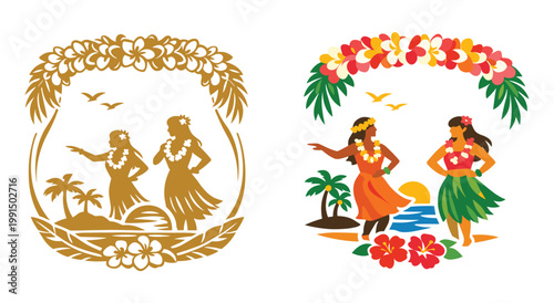 Hula dancers perform on a tropical island beach at sunset.  Vibrant celebration with flower leis, palm trees, and ocean waves.  Traditional Polynesian culture and vacation.